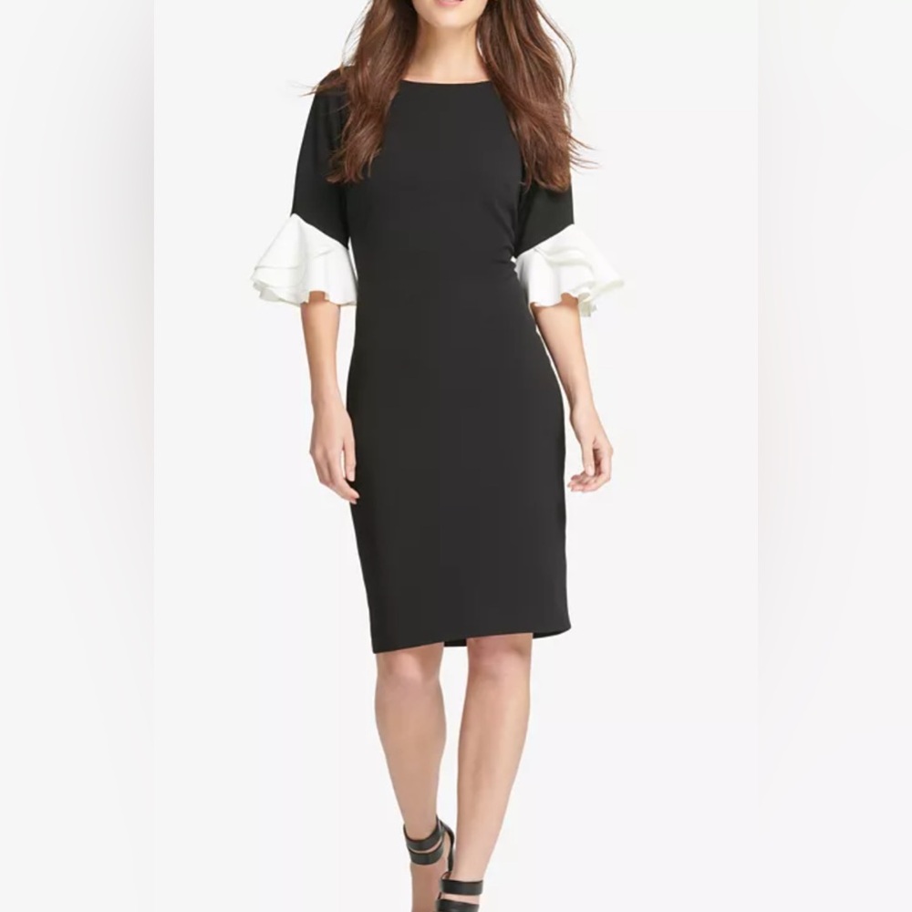 NWT DKNY Ruffle Sheath Sleeve Knee Length Career Dress Black/White Size XS